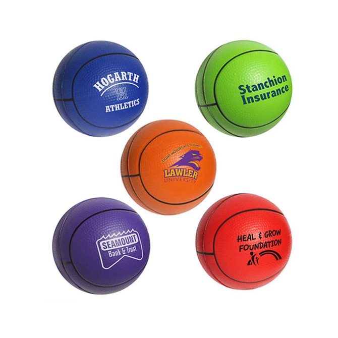 A set of five 100mm basketball-shaped stress relievers in purple, blue, orange, green, and red, each with a logo.