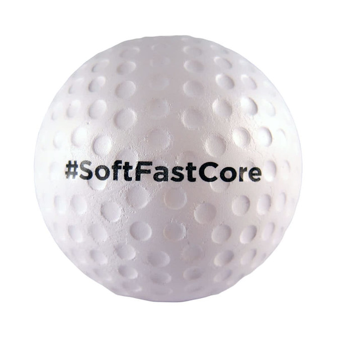 A white golf ball-shaped stress reliever with textured dimples and a logo printed on it.