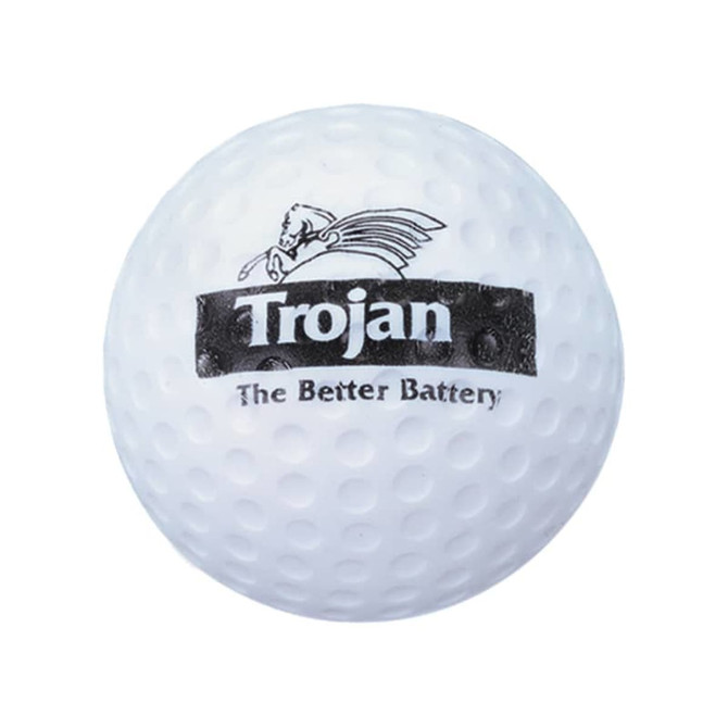 A white golf ball-shaped stress reliever with a logo printed on the surface, featuring classic dimples.