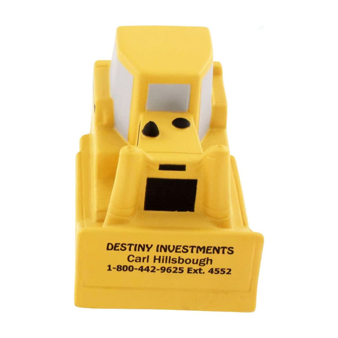 A yellow bulldozer-shaped stress reliever with a black base. It features a logo and text on the front.
