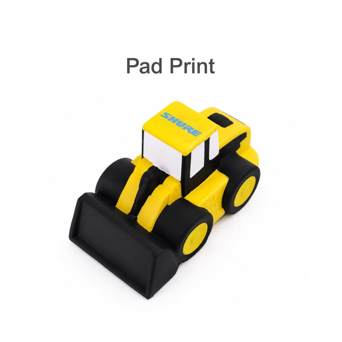 A cartoon bulldozer-shaped stress reliever in yellow and black with a logo on the side.
