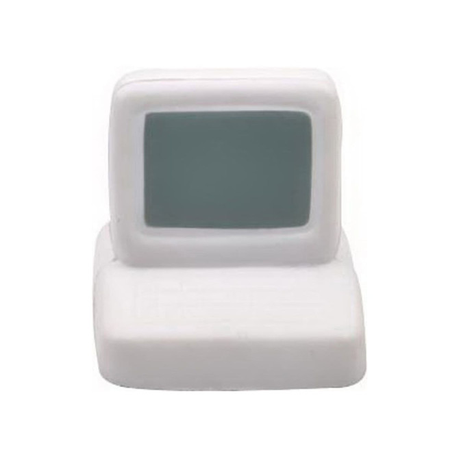 A white computer-shaped stress reliever with a grey screen and a soft, squishy texture. It has a logo on it.