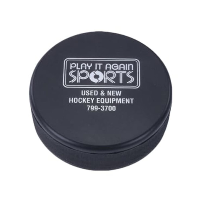 A black hockey puck shaped stress reliever featuring a logo on the top.