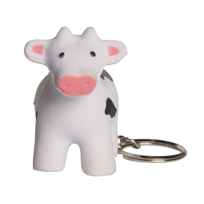 A white and black cow-shaped stress reliever keyring with a metal keychain attached.