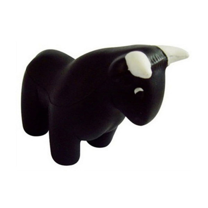A black bull-shaped stress reliever with white horns, featuring a simplistic design and a small branding logo.
