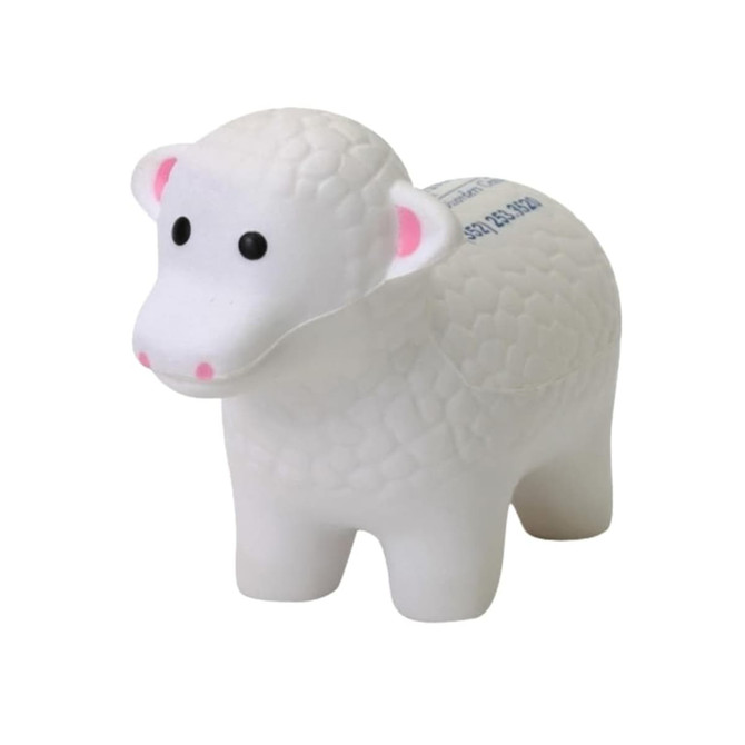 A white sheep-shaped stress reliever with black eyes and pink ears, featuring a textured surface.