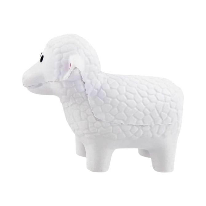 A white sheep-shaped stress reliever with a textured surface, featuring eyes and a simple design.