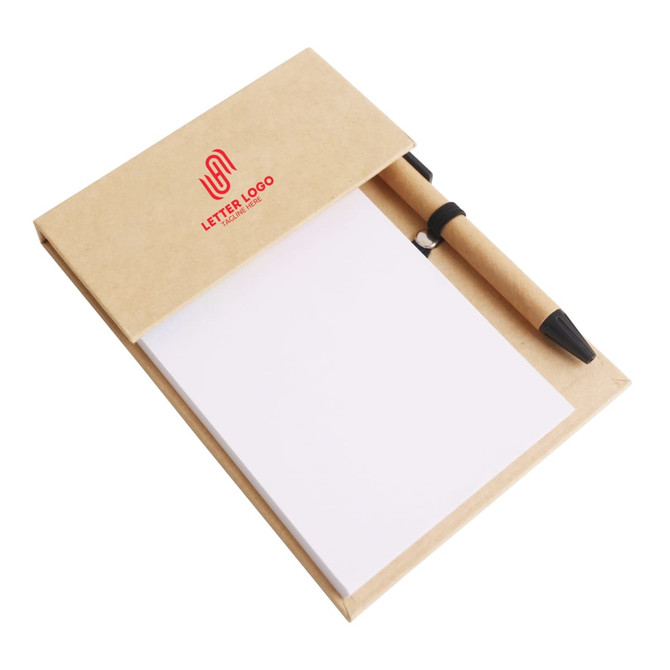 A memo pad with white pages and a black ballpoint pen, housed in a brown kraft folder with a logo.
