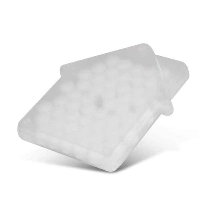 A clear mint card in the shape of a house, filled with round, white mints. The product features a logo.