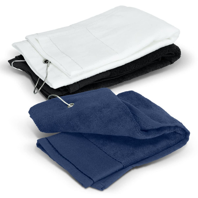 Four golf towels in black, white, and navy, featuring a loop for easy attachment.