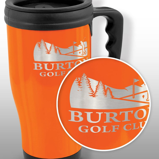 An orange travel mug with a black lid and handle, featuring a logo and mountain design.