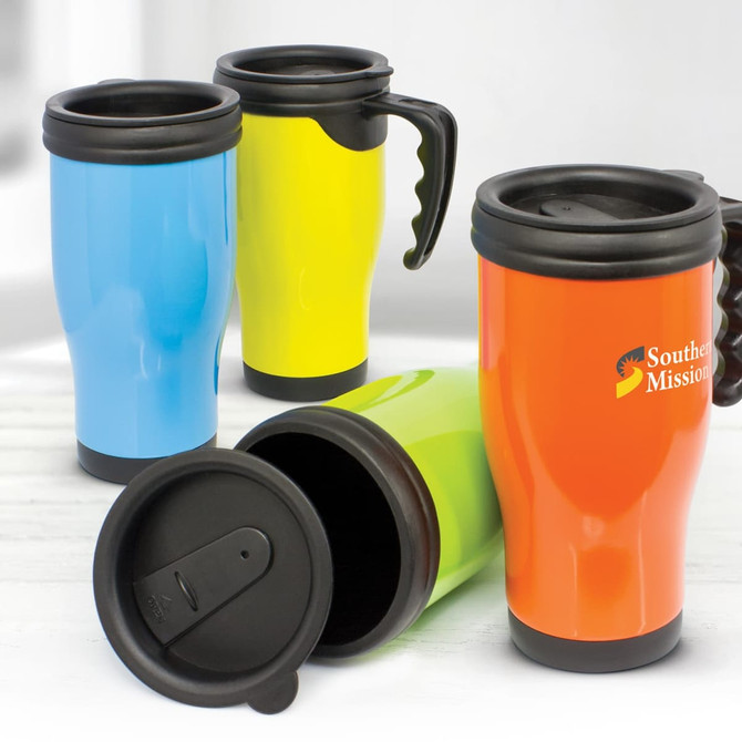 A set of travel mugs in blue, yellow, green, and orange, each with a black lid and handle. One mug features a logo.