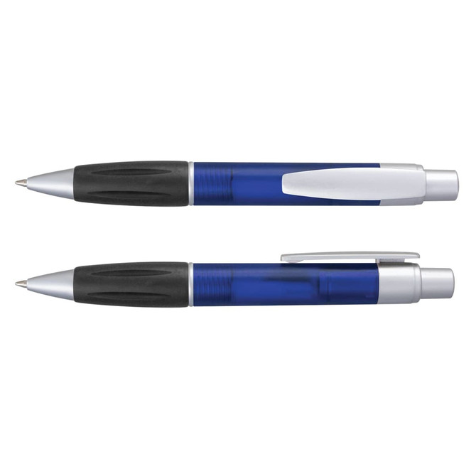 A blue plastic pen with a silver clip and grip. It features a sleek design and has a branding logo.