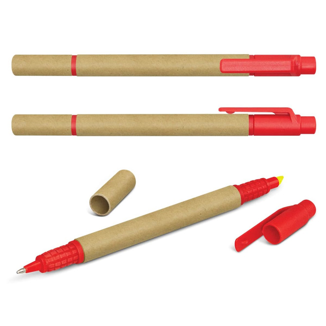 A set of Kraft pens with red accents, including highlighters and retractable pens, featuring a cardboard design.