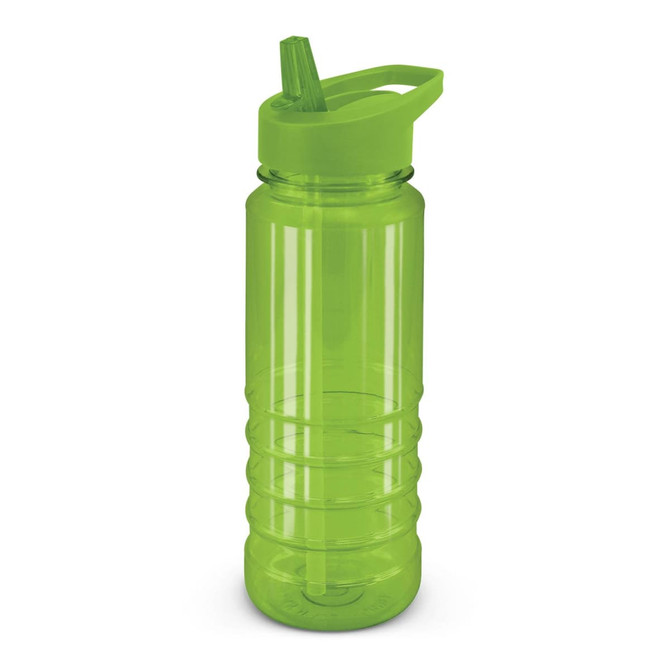 A drink bottle in vibrant green, featuring a straw and a lid with a carry handle, along with a logo.