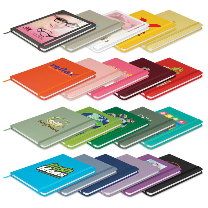 A variety of notebooks in different colours and designs, featuring logos and branding.