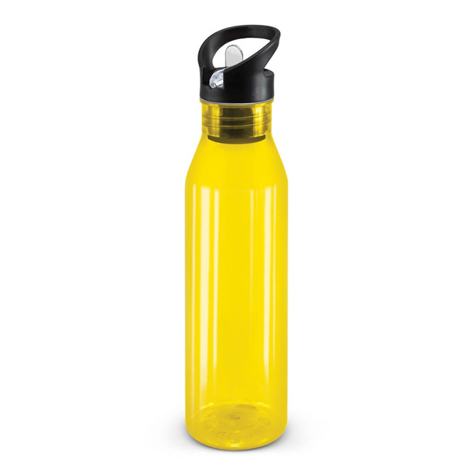 A drink bottle in translucent yellow with a black lid and spout, featuring a logo.