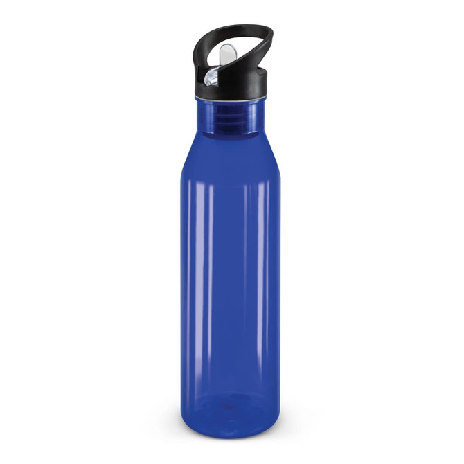 A drink bottle in a translucent blue design with a black lid and flip-top spout.