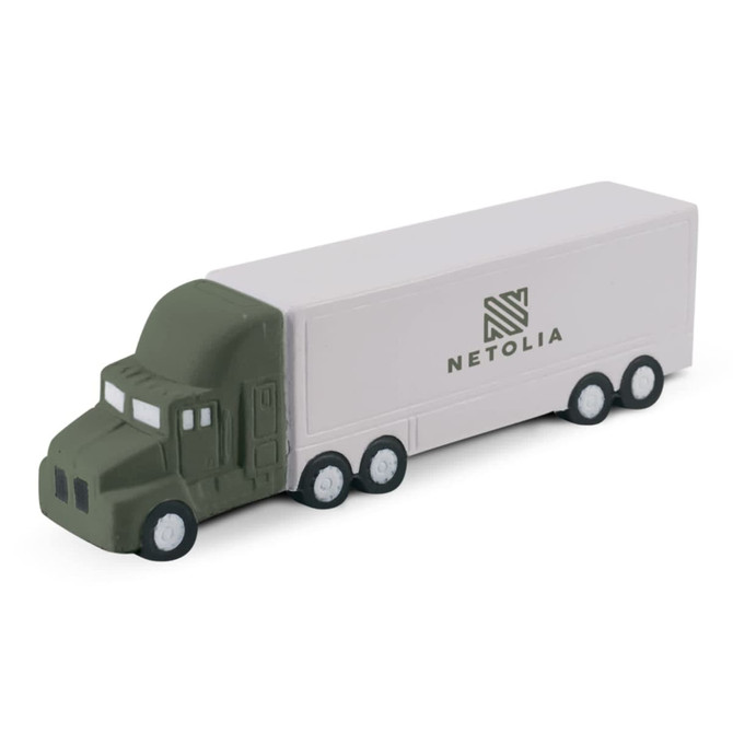 A stress toy shaped like a green and white truck, featuring a logo on the side.