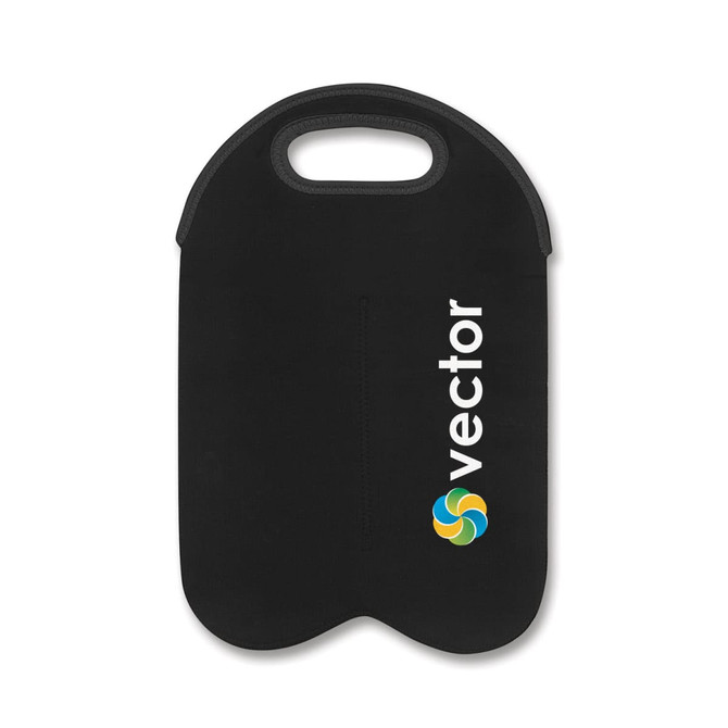A neoprene double wine cooler bag in black with a handle, featuring a colorful logo.