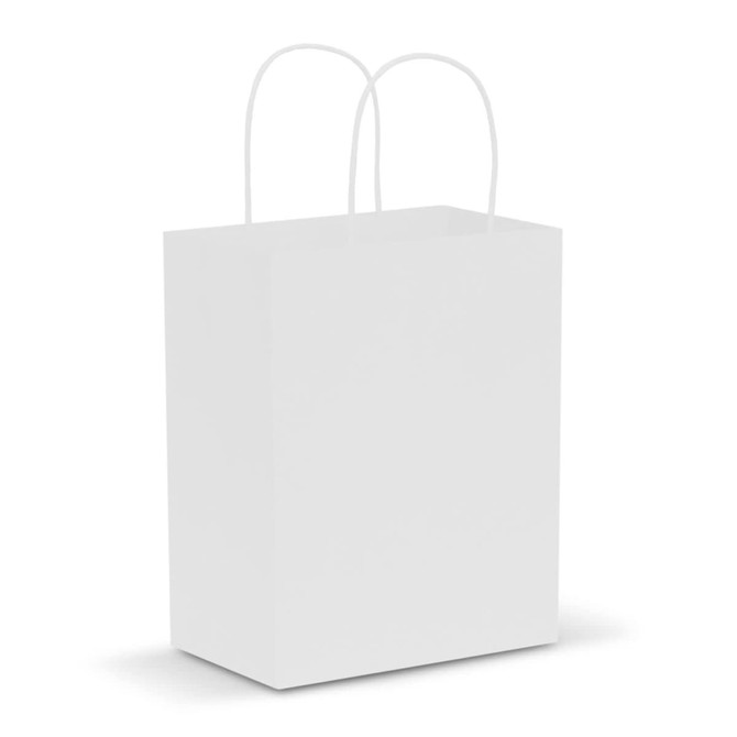 A medium-sized white paper carry bag with two handles and a plain design.
