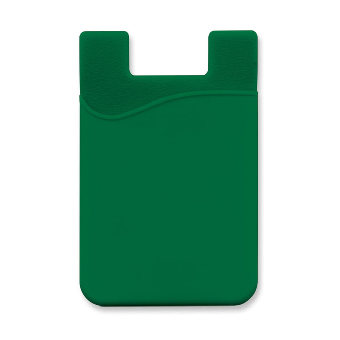 A green silicone phone wallet with a textured surface and a curved top edge, featuring a logo.