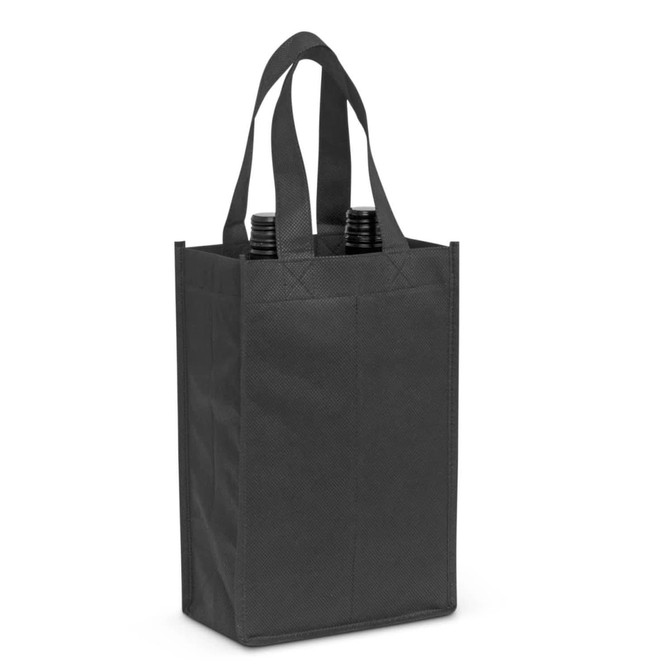 A wine tote bag designed to hold two bottles, featuring sturdy handles and a sleek black exterior.