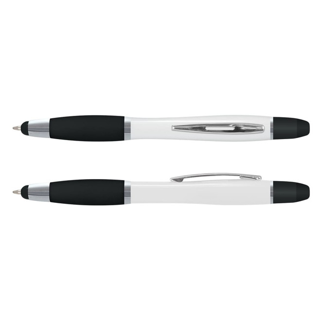 A white and black multi-function pen with a sleek design and ergonomic grip, featuring a logo on its body.