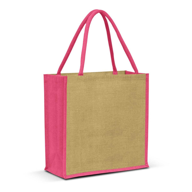 A jute tote bag with a natural beige body and bright pink handles, featuring a logo on the side.