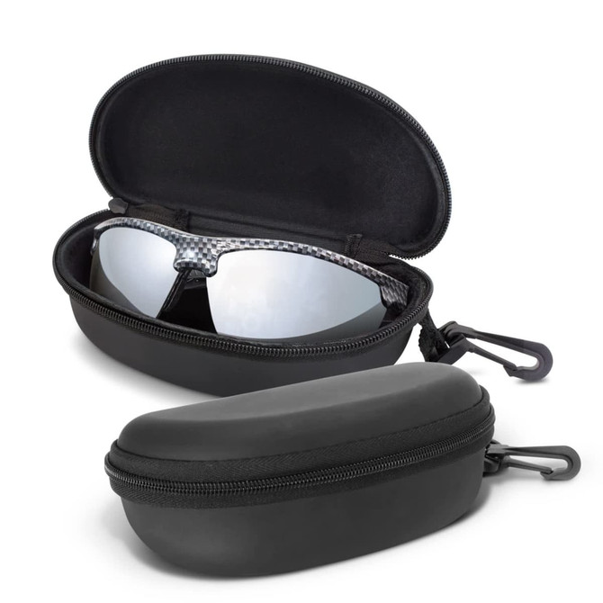 A pair of silver sunglasses in a black protective case, featuring a zip closure and a clip.