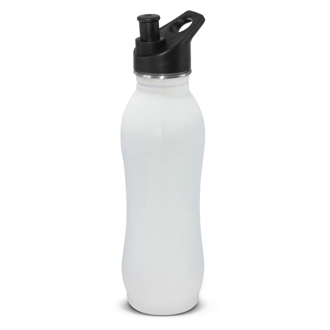 A drink bottle in translucent white with a black spout and lid, featuring a logo.