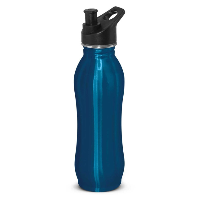 A drink bottle in a sleek blue finish with a black cap and spout for easy sipping.