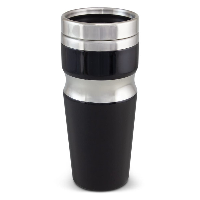 A drink bottle with a sleek design, featuring a stainless steel rim and a matte black body. It has a logo on it.