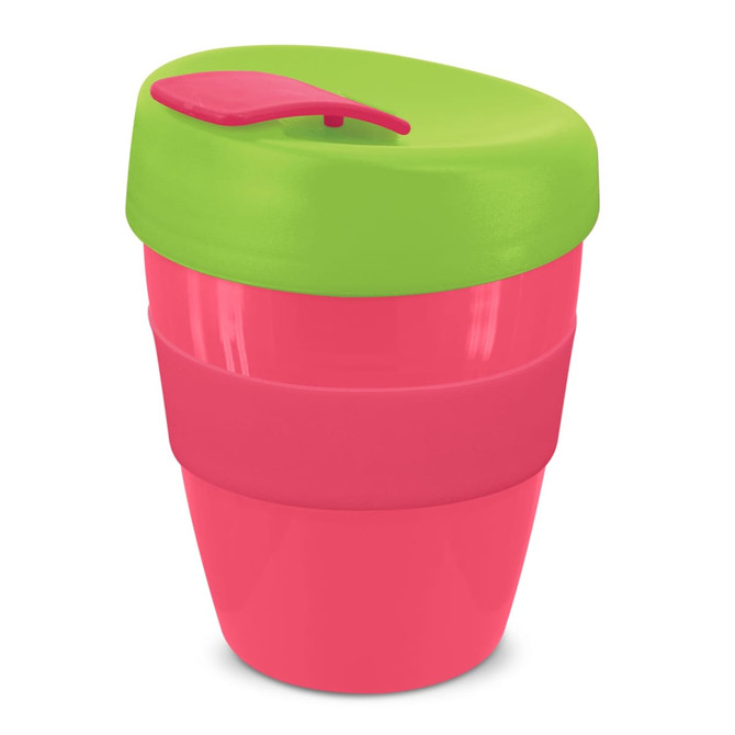 A drink bottle featuring a pink body and a green lid with a straw opening, equipped with a branding logo.