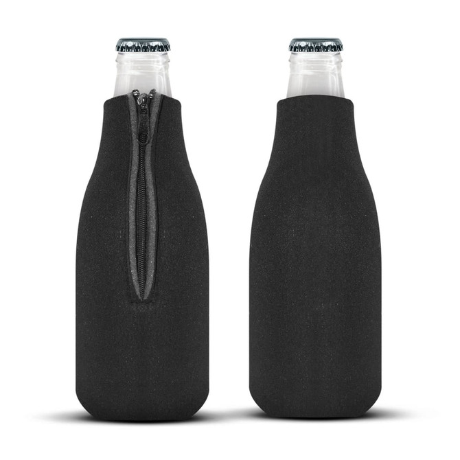 A drink bottle cooler featuring a sleek black design with a zipper for easy access.