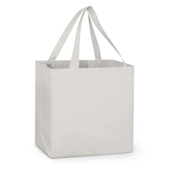 A grey tote bag with two handles and a rectangular shape, featuring a simple design and no visible branding.