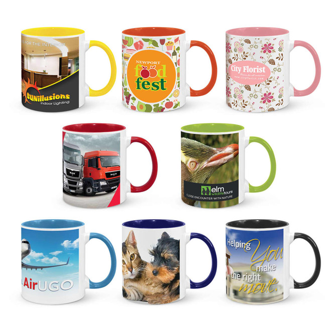 A collection of eight coffee mugs in various colours and designs, featuring different patterns and a logo on each mug.
