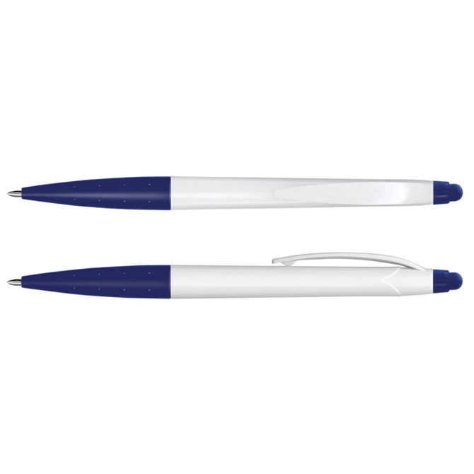 A stylus pen with a white barrel and blue accents, featuring a retractable tip and a clip for convenience.