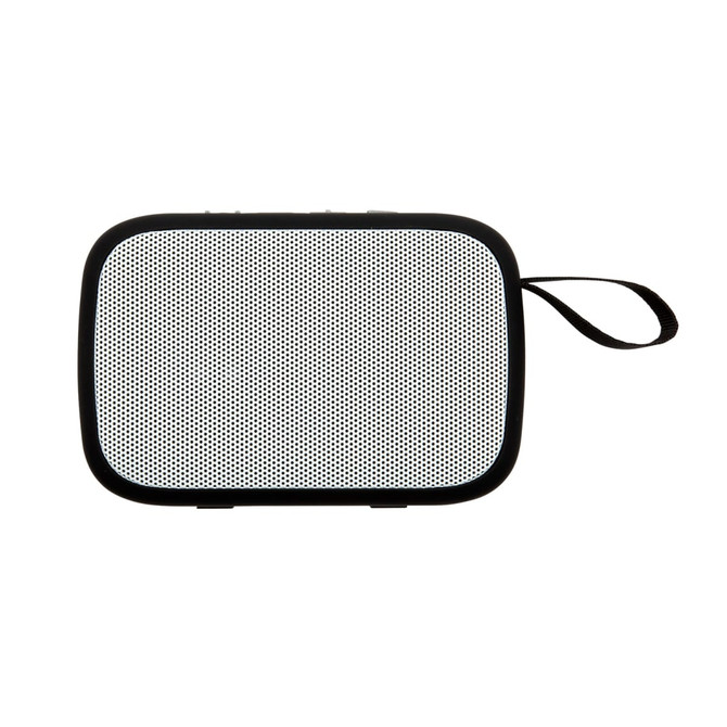 A portable speaker with a sleek design and a mesh front, featuring a convenient strap for easy carrying.