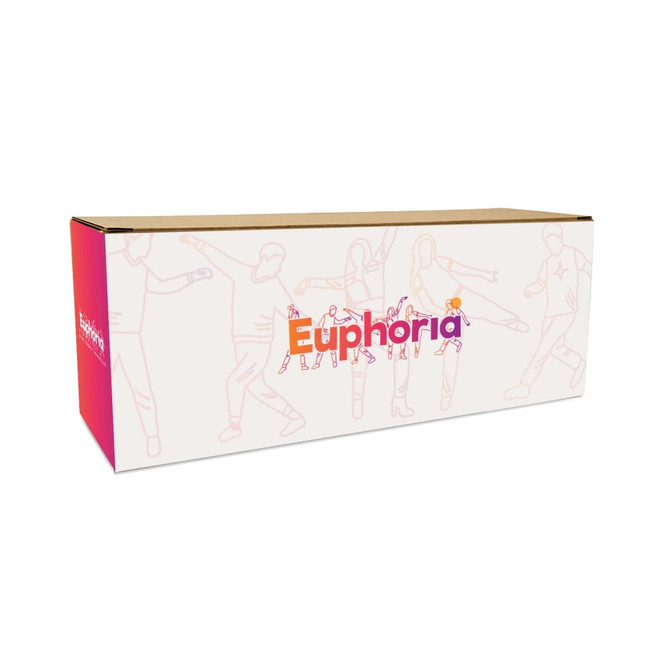 A rectangular box with a light design, featuring the word "Euphoria" in bold letters, with a logo and colourful graphics.