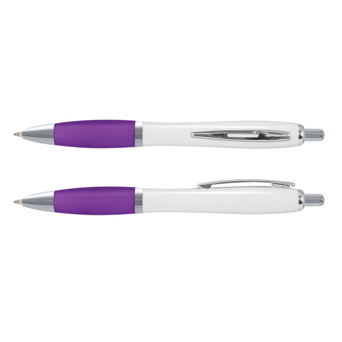 A white plastic pen with a purple grip and chrome accents, featuring a logo on the barrel.