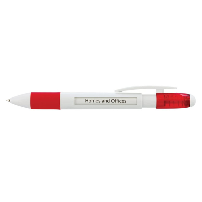 A white and red pen with a clear section and a clip, featuring a logo or branding.