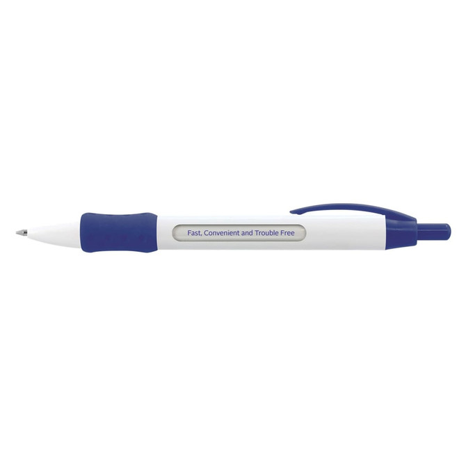 A white and blue plastic pen featuring a textured grip and a branding logo.