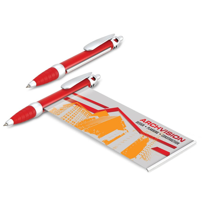 A set of red plastic pens and a promotional notepad, featuring a design and a logo.