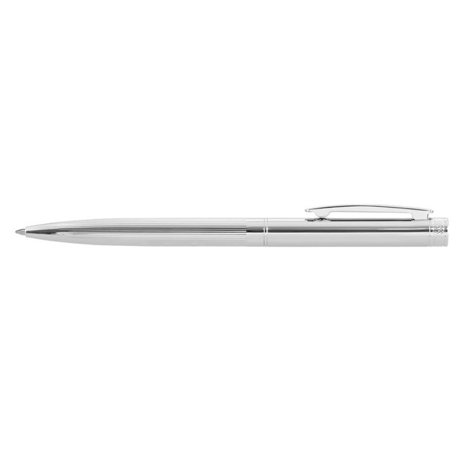 A silver metal pen with a sleek design and a clip, featuring fine detailing along the barrel.
