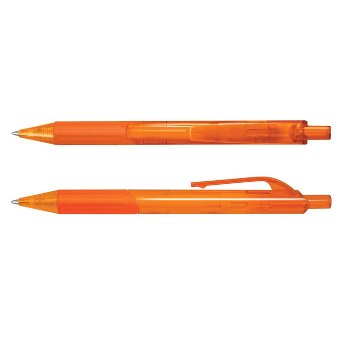 An orange plastic pen displayed from two angles, featuring a transparent barrel and a clip.