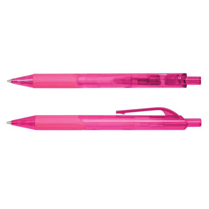 A pink plastic pen with a transparent barrel and clip, featuring a retractable ballpoint tip.