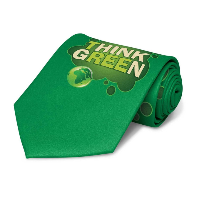 A green tie featuring the phrase "THINK GREEN" alongside a globe graphic.