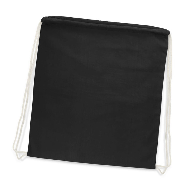 A black cotton drawstring backpack with white drawstrings and a simple design. It has a branding logo.