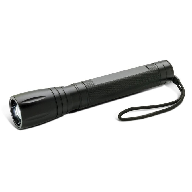 A black torch with a textured grip and a lanyard for easy carrying. It features a bright light at the end.
